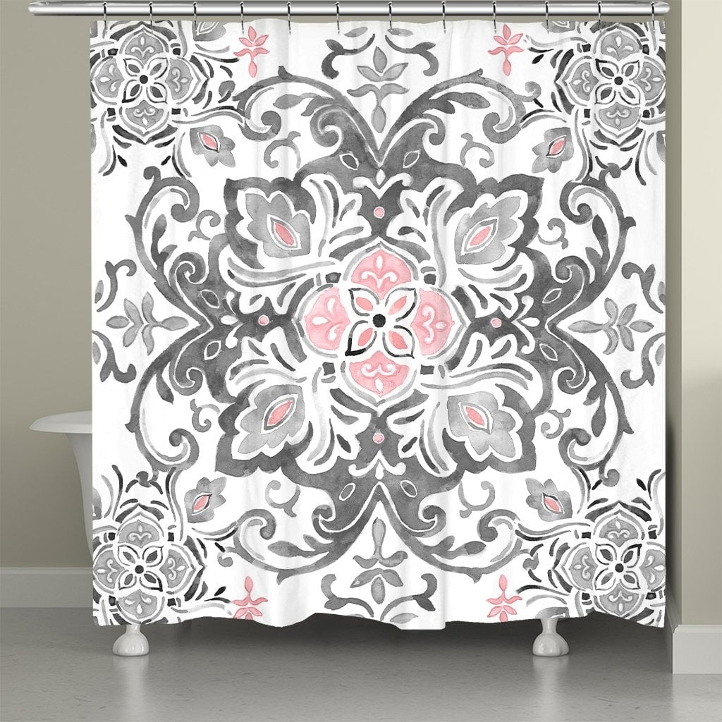 Elegant White and Gray Fabric Shower Curtain with Pink Medallion
