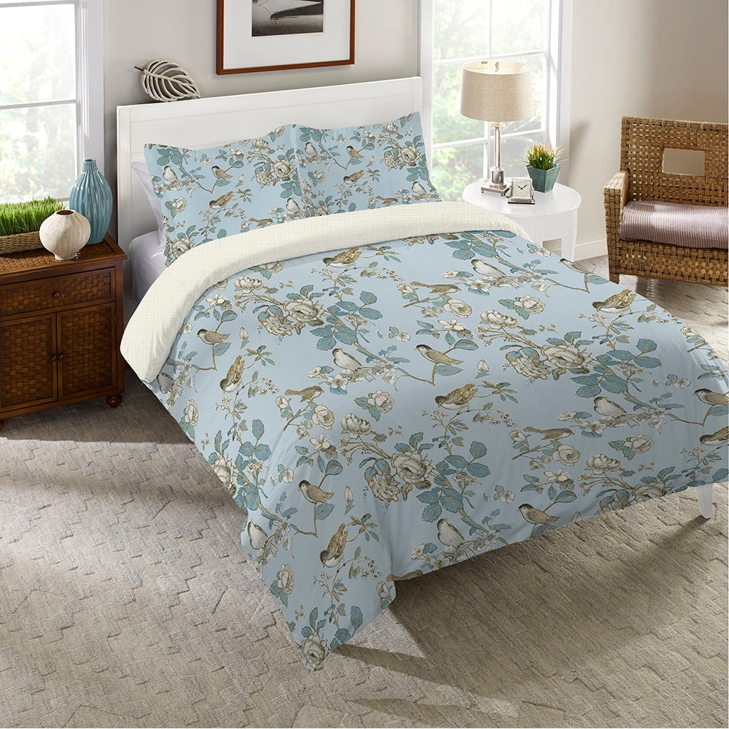 Queen Blue Floral and Bird Toile Comforter Set