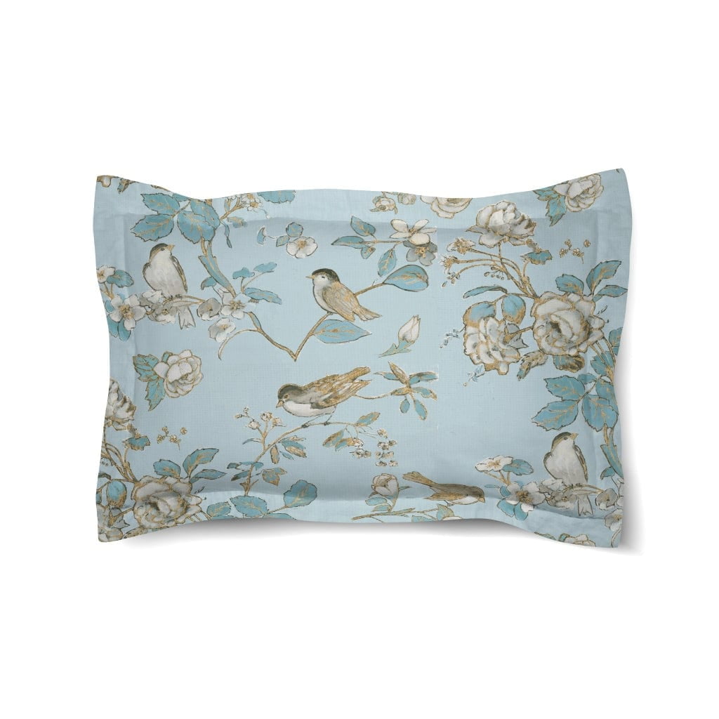 Pale Blue and Gold Floral Bird Microsuede Standard Sham