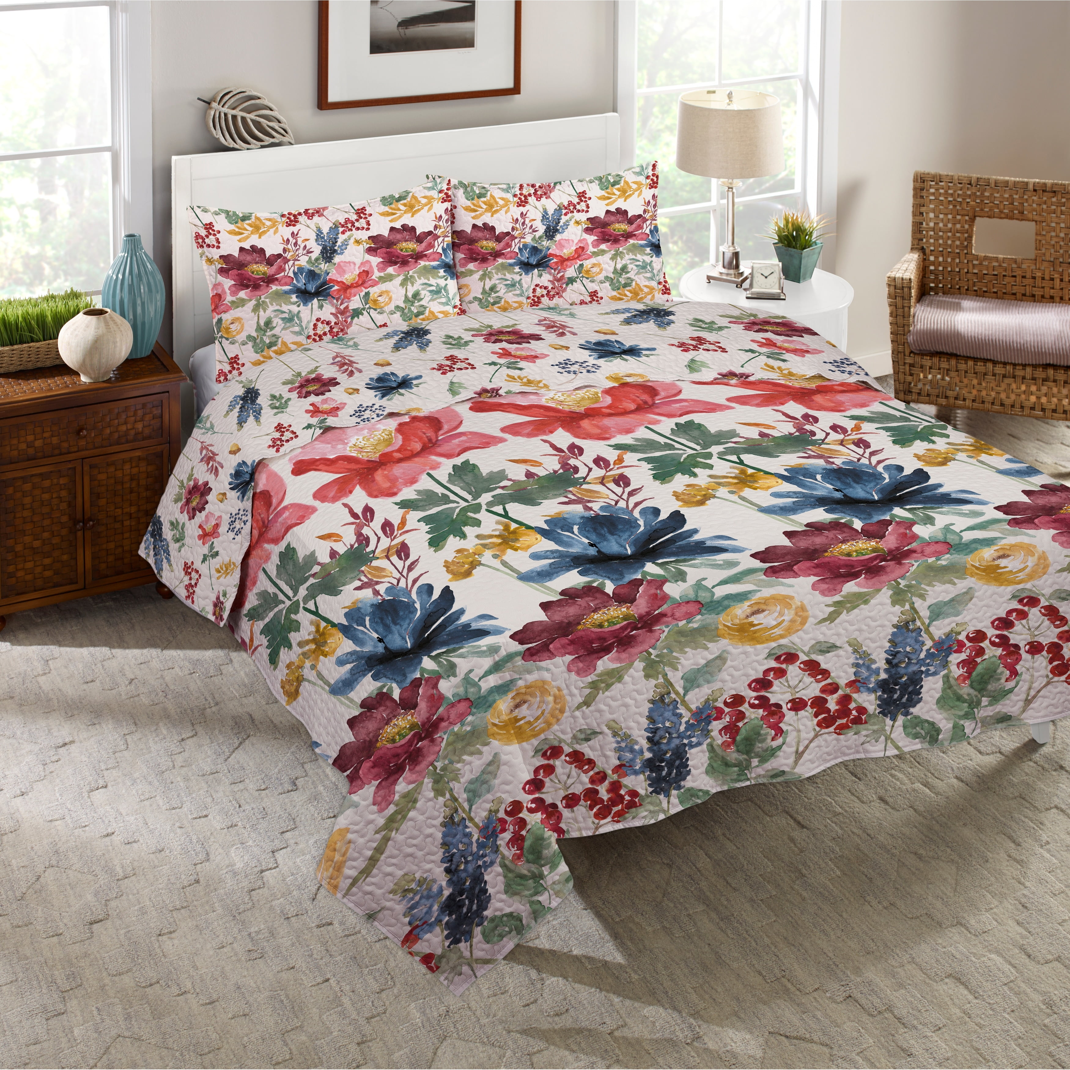 Queen Reversible Cotton Floral Watercolor Quilt Set