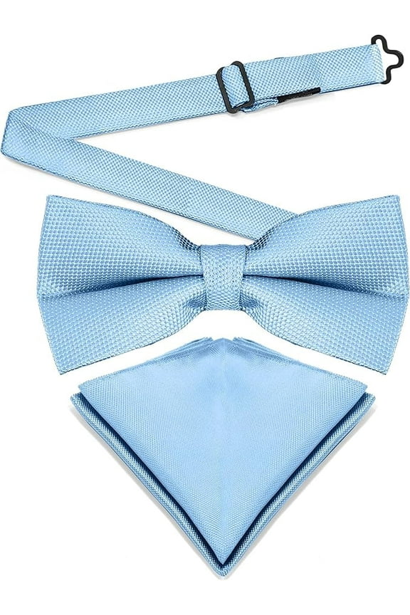 Mens Banded Bow Tie and Pocket Square Set | Solid Color | Pre Tied Classic Formal Bowties - Baby Blue