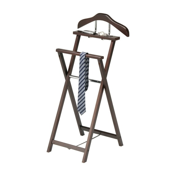 Laure Folding Cloth Valet Stand Organizer, Walnut Solid Wood, Contemporary