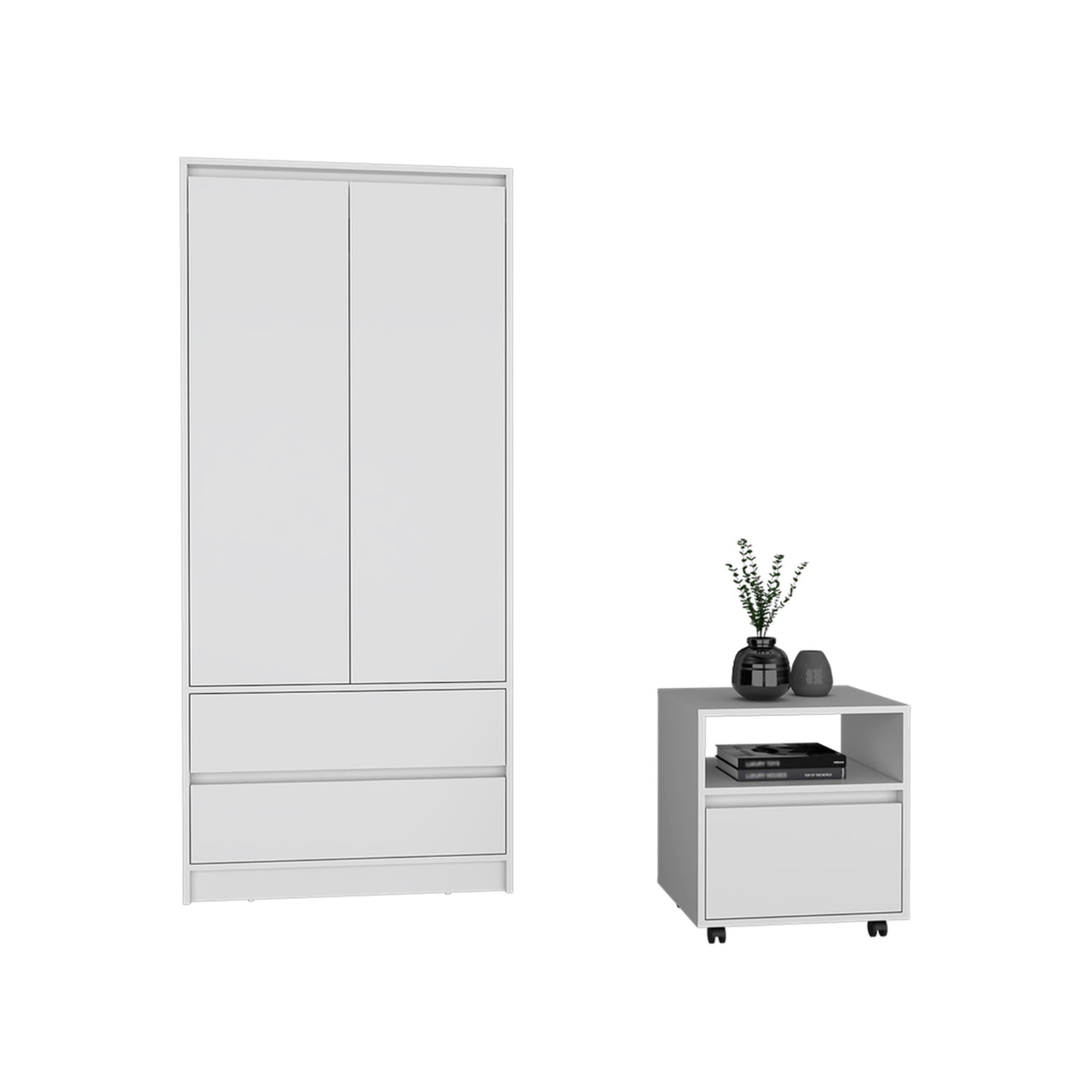 Laurel White Manufactured Wood 2 Piece Bedroom Set with Nightstand and Armoire