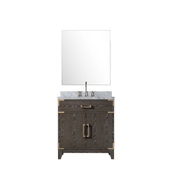 Laurel 30 in W Brown Oak Single Vanity Carrara Marble Countertop, 28" Mirror & Faucet Set