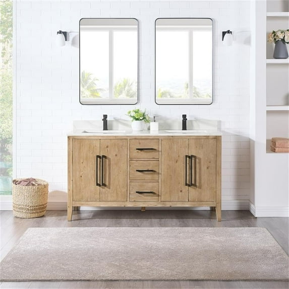 Laurel 60" Wood Vanity in Weathered Fir Calacatta White Quartz Top with Mirror
