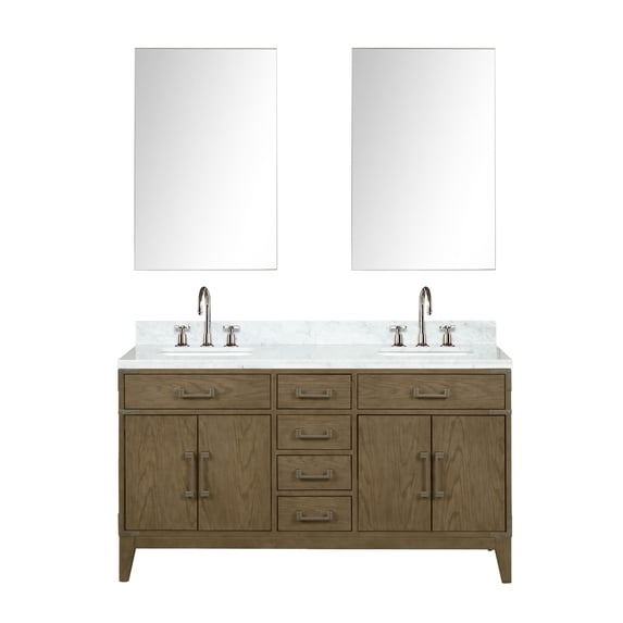 Laurel 60 in W Grey Oak Double Vanity, Carrara Marble Top, Faucet Set, & 28 in Mirrors