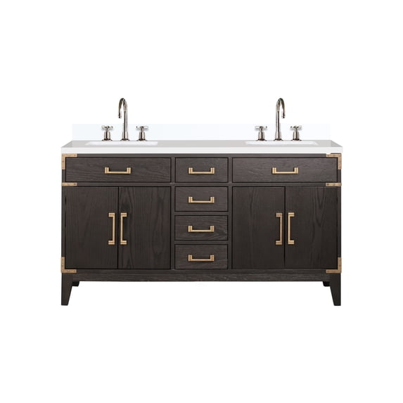 Laurel 60 in W x 22 in D Brown Oak Double Bath Vanity, White Quartz Top, and Faucet Set