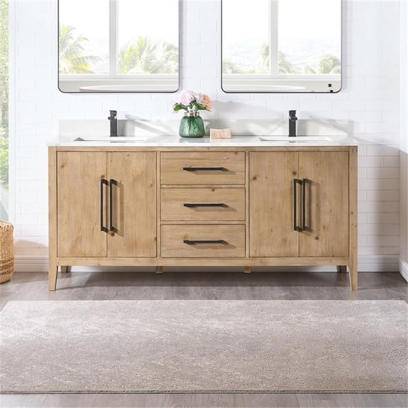 Laurel 72" Wood Vanity in Weathered Fir Calacatta White Quartz Top no Mirror