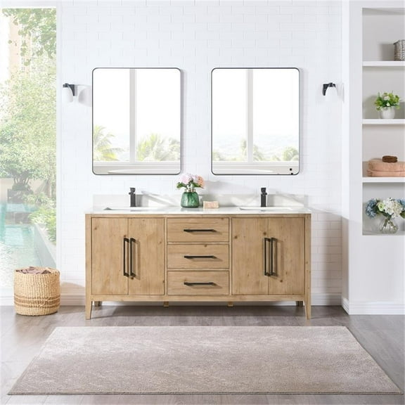 Laurel 72" Wood Vanity in Weathered Fir Calacatta White Quartz Top with Mirror