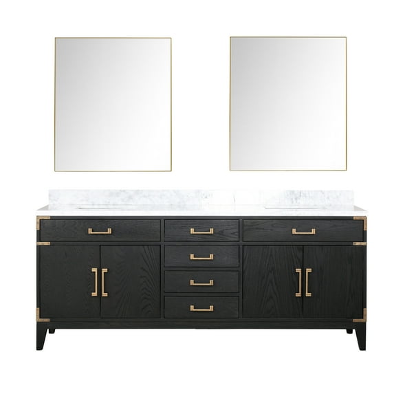 Laurel 80 in W Black Oak Double Bath Vanity, Carrara Marble Top, and 36 in Mirrors