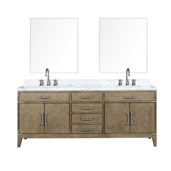 Laurel 80 in W Grey Oak Double Vanity, Carrara Marble Top, Faucet Set, & 36 in Mirrors