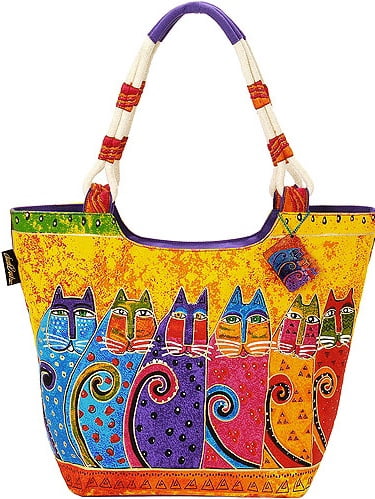 Laurel Burch Large Scoop Tote - Spotted Cats Design, Zipper Top, Canvas With Charms