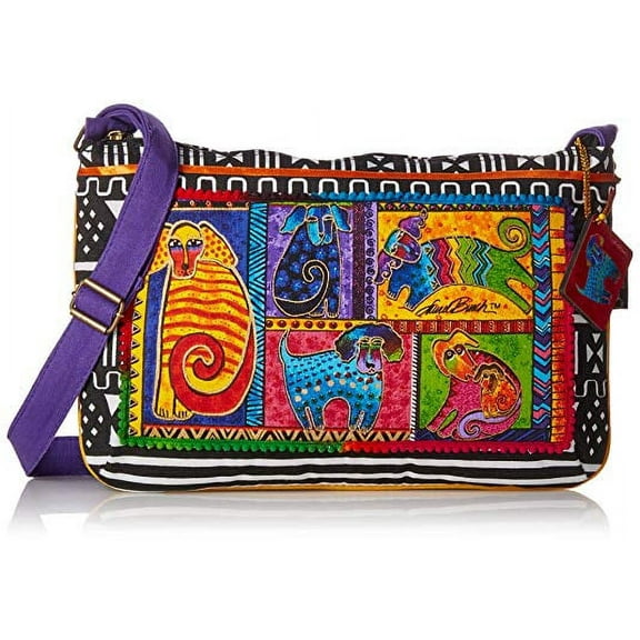 Laurel Burch Medium Crossbody Zipper Top 15"X10"-Dog Tails Patchwork