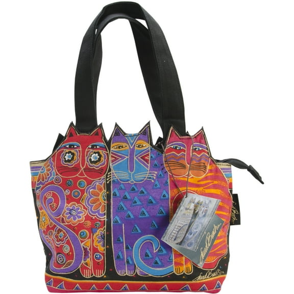 Laurel Burch Medium Tote Zipper Top 12"X3.5"X8.5"-Tres Gatos - Red, Orange & Blue