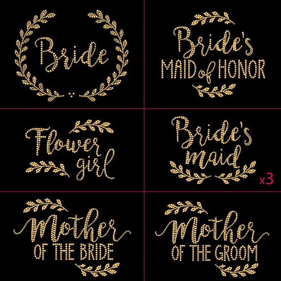 Laurel Gold Wedding Bride Bridal Bridesmaid Iron-on Rhinestud Transfers Set of 9 by JCS Rhinestones
