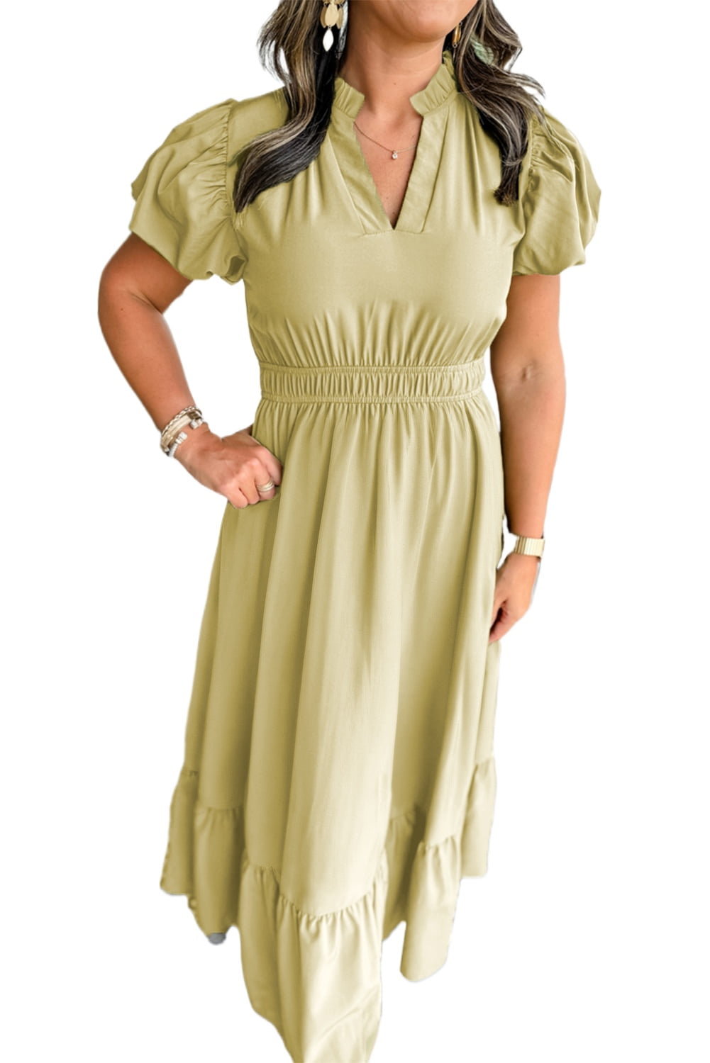 Laurel Green Plus Size Maxi Dress with Notched V Neck and Puff Sleeves |  [ZhiHiMeRi] | (US 14W-16W)1X - Walmart Business Supplies