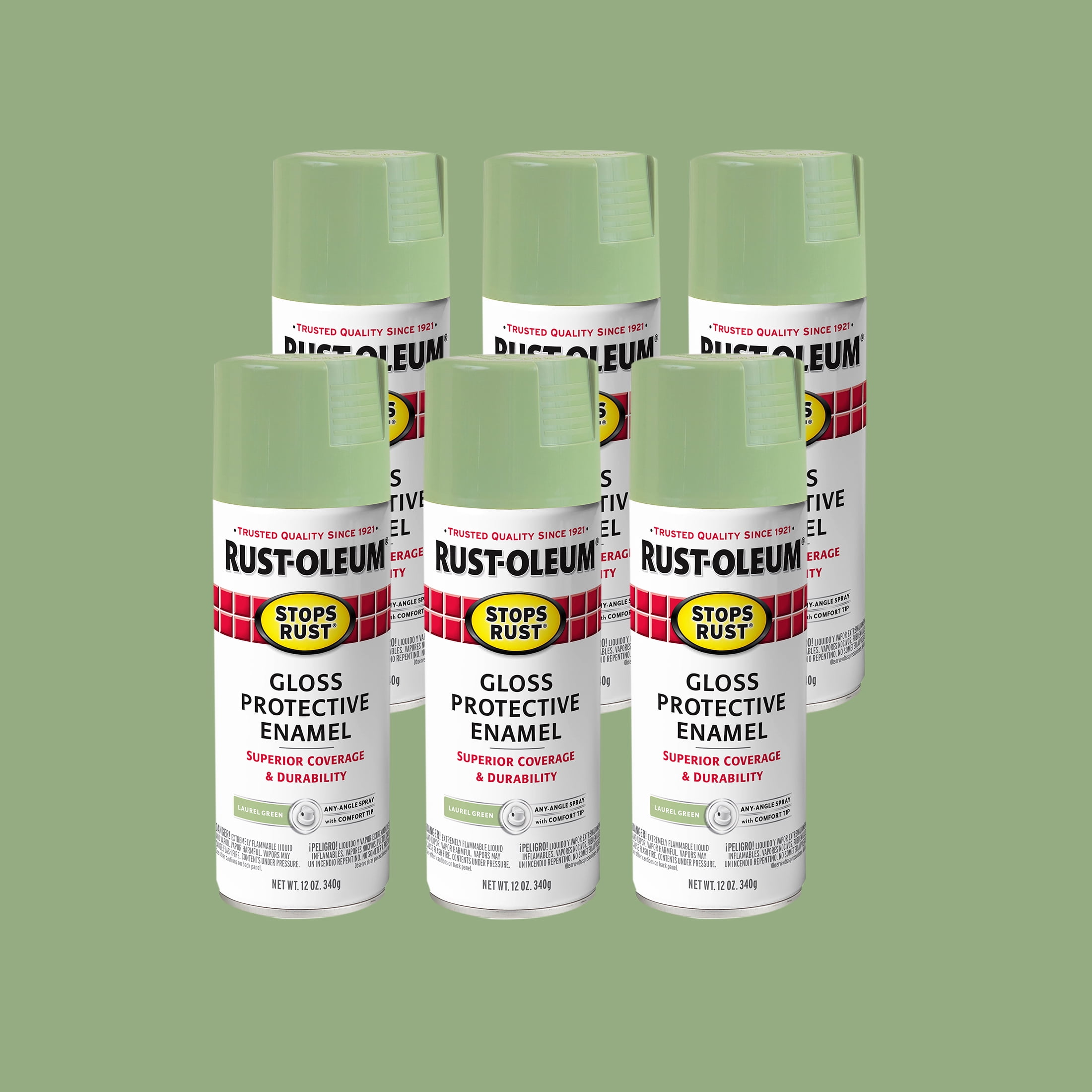 Laurel Green, Rust-Oleum Stops Rust Gloss Protective Enamel Spray Paint, 12 oz, 6 Pack