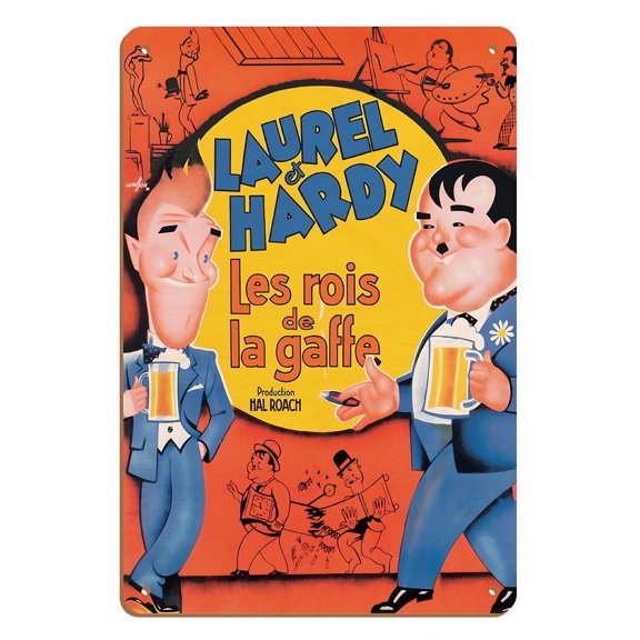 Laurel & Hardy in The Fixer Upper (Les Rois de la Gaffe) - Vintage Belgium Film Movie Poster by Boris Grinsson c.1935 - 8 x 12 inch Vintage Wood Art Sign