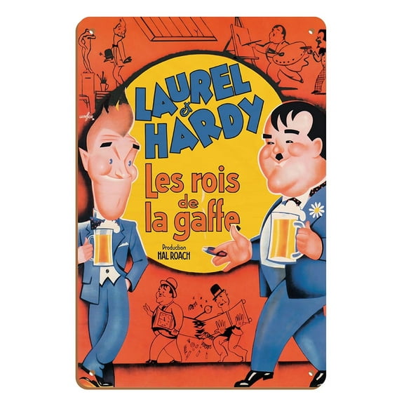 Laurel & Hardy in The Fixer Upper (Les Rois de la Gaffe) - Vintage Belgium Film Movie Poster by Boris Grinsson c.1935 - 8 x 12 inch Vintage Wood Art Sign