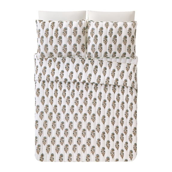 Laurel & Mayfair Block Print Mughal Flower Cream 3-Piece Cotton Voile Quilt Set, Full/Queen