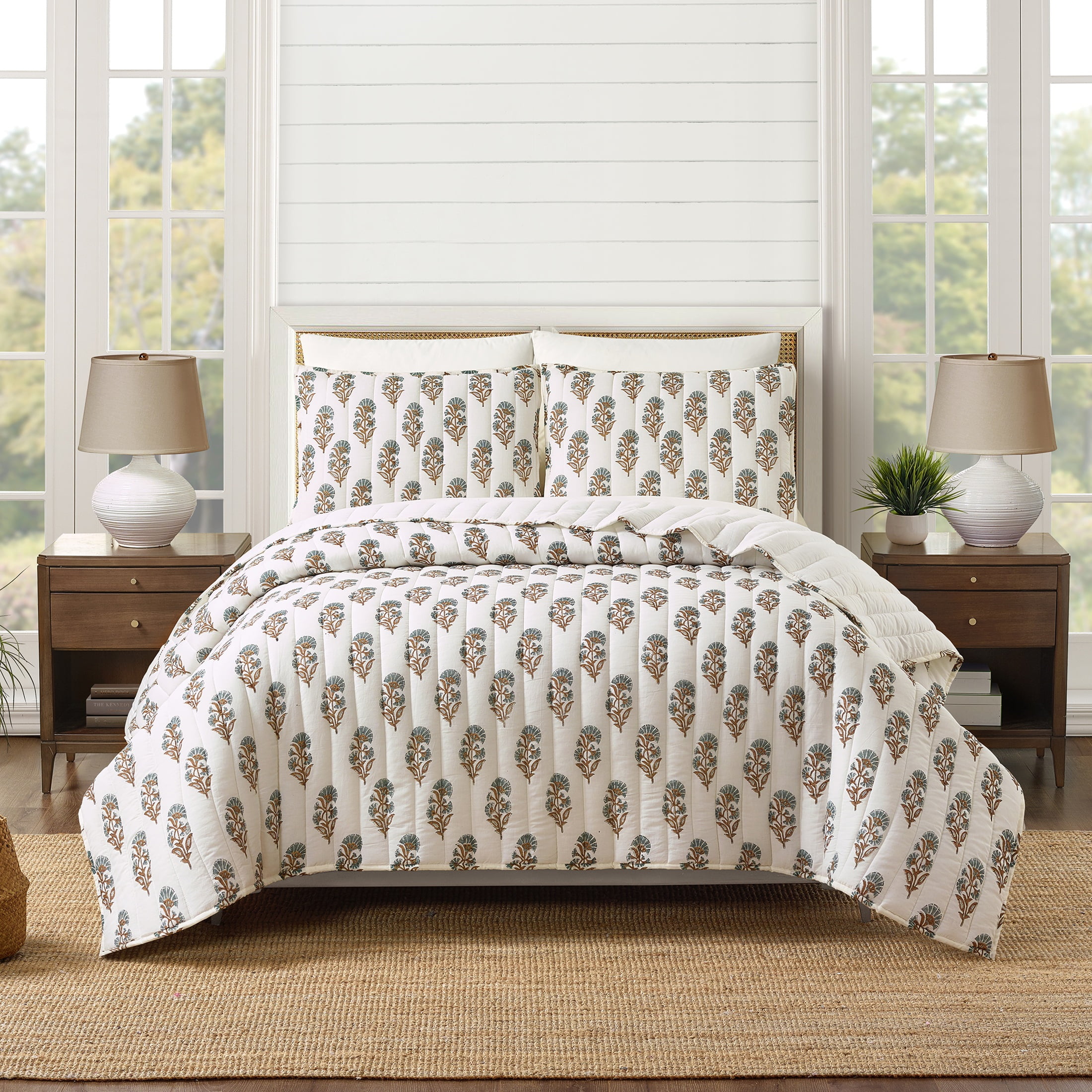 Laurel & Mayfair Block Print Mughal Flower Cream 3-Piece Cotton Voile Quilt Set, King