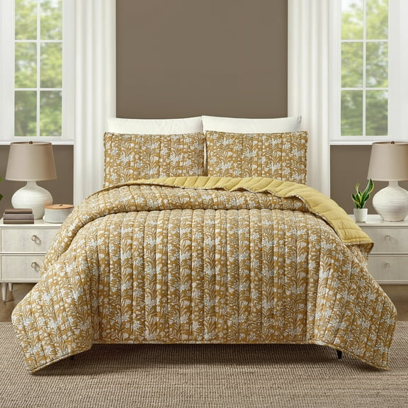 Laurel & Mayfair Block Print Sketched Floral Gold 3-Piece Cotton Voile Quilt Set, Full/Queen