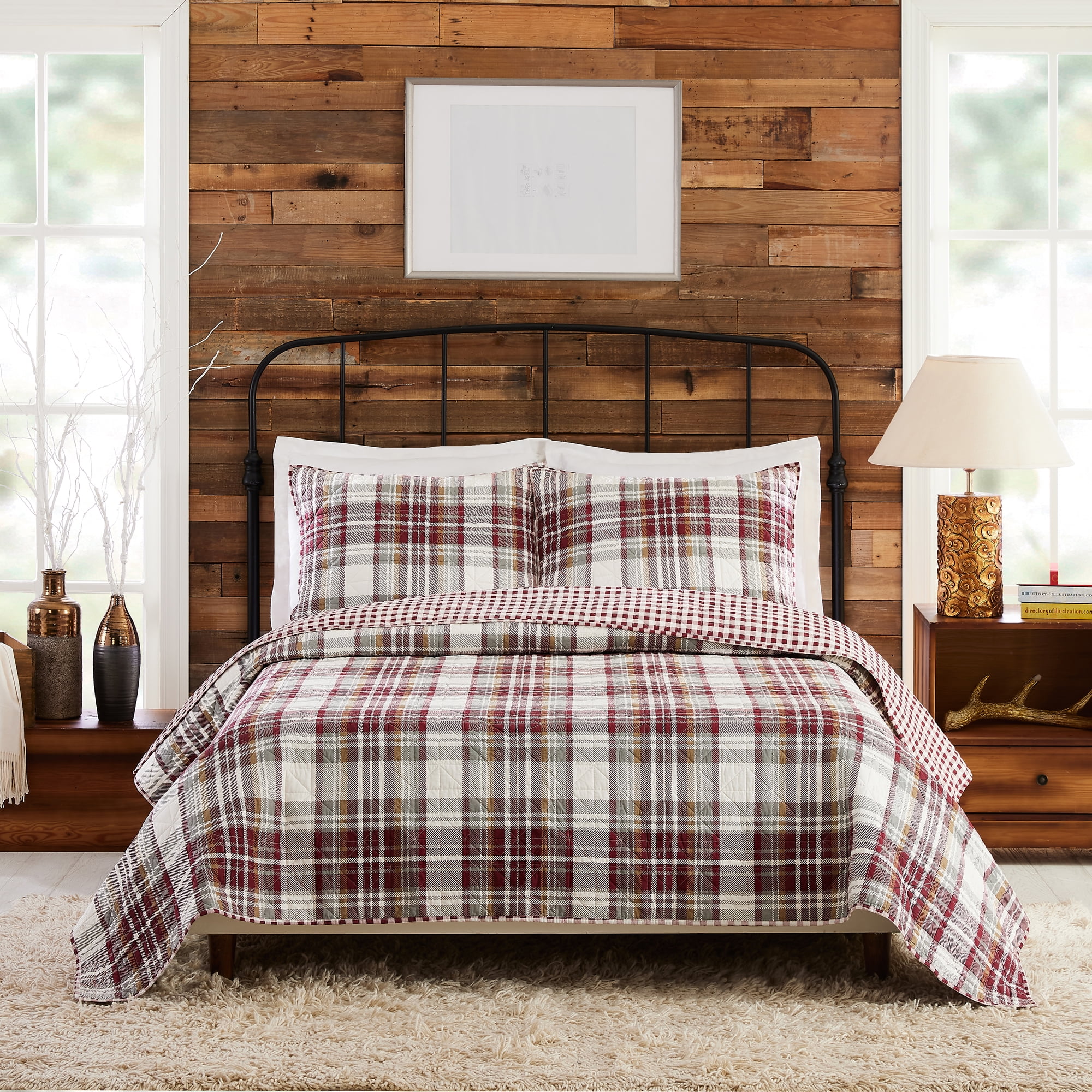 Camden Gray and Red Cotton Plaid Full Quilt Set
