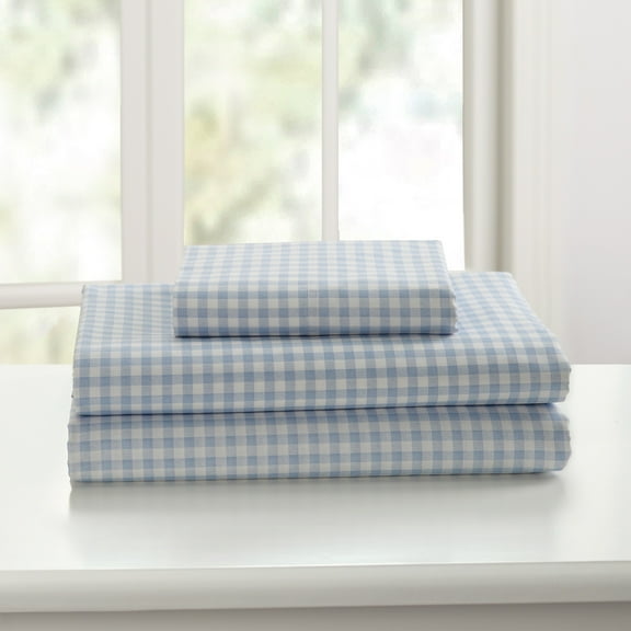 Laurel & Mayfair Gingham Printed 250tc 100% Cotton Percale Blue 4-Piece Sheet Set, Queen