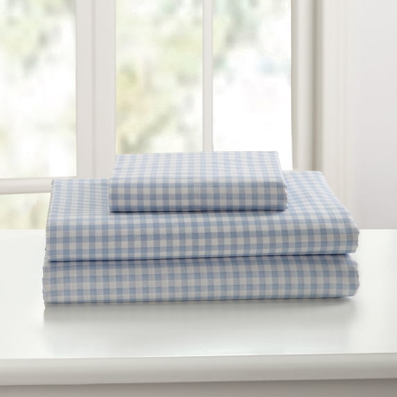 Laurel & Mayfair Gingham Printed 250tc 100% Cotton Percale Blue 4-Piece Sheet Set, Queen