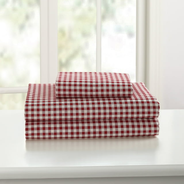 Laurel & Mayfair Gingham Red Printed Cotton Sheet Set, Twin