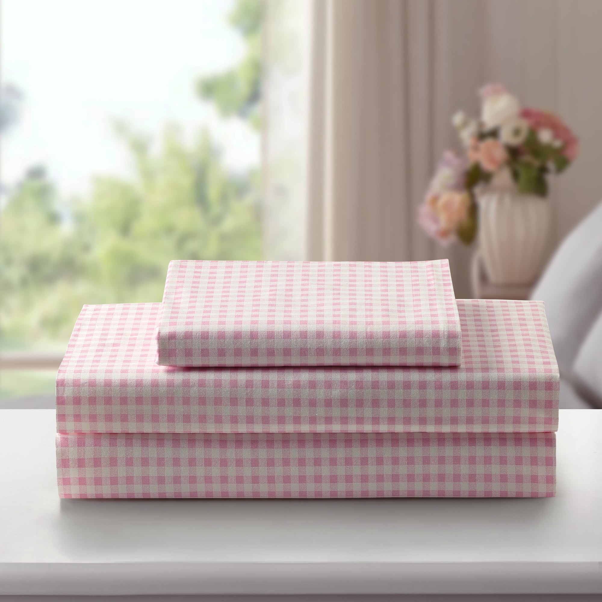 Laurel & Mayfair Gingham Printed 250tc 100% Cotton Percale Pink 3-Piece Sheet Set, Twin