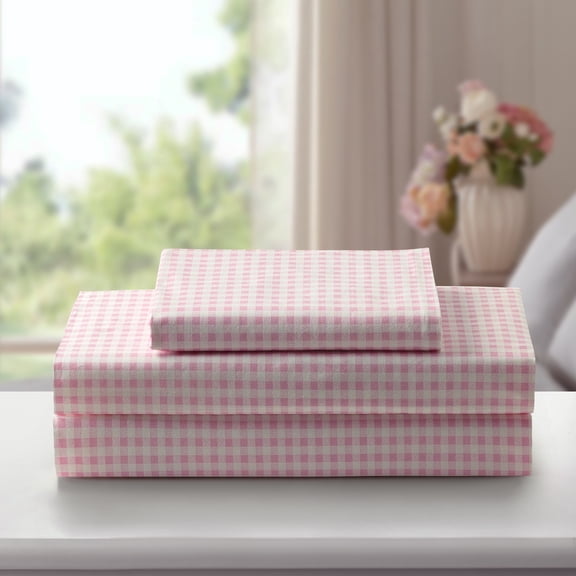 Laurel & Mayfair Gingham Printed 250tc 100% Cotton Percale Pink 3-Piece Sheet Set, Twin