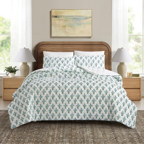 Laurel & Mayfair Paradise Stamp Full/Queen 3-Piece Botanical Cotton Quilt Set, Blue, Adult/Teen