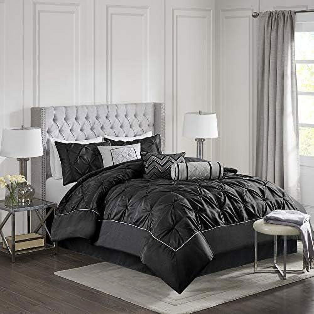 King Black Microfiber Pintuck Comforter Set with Decorative Pillows