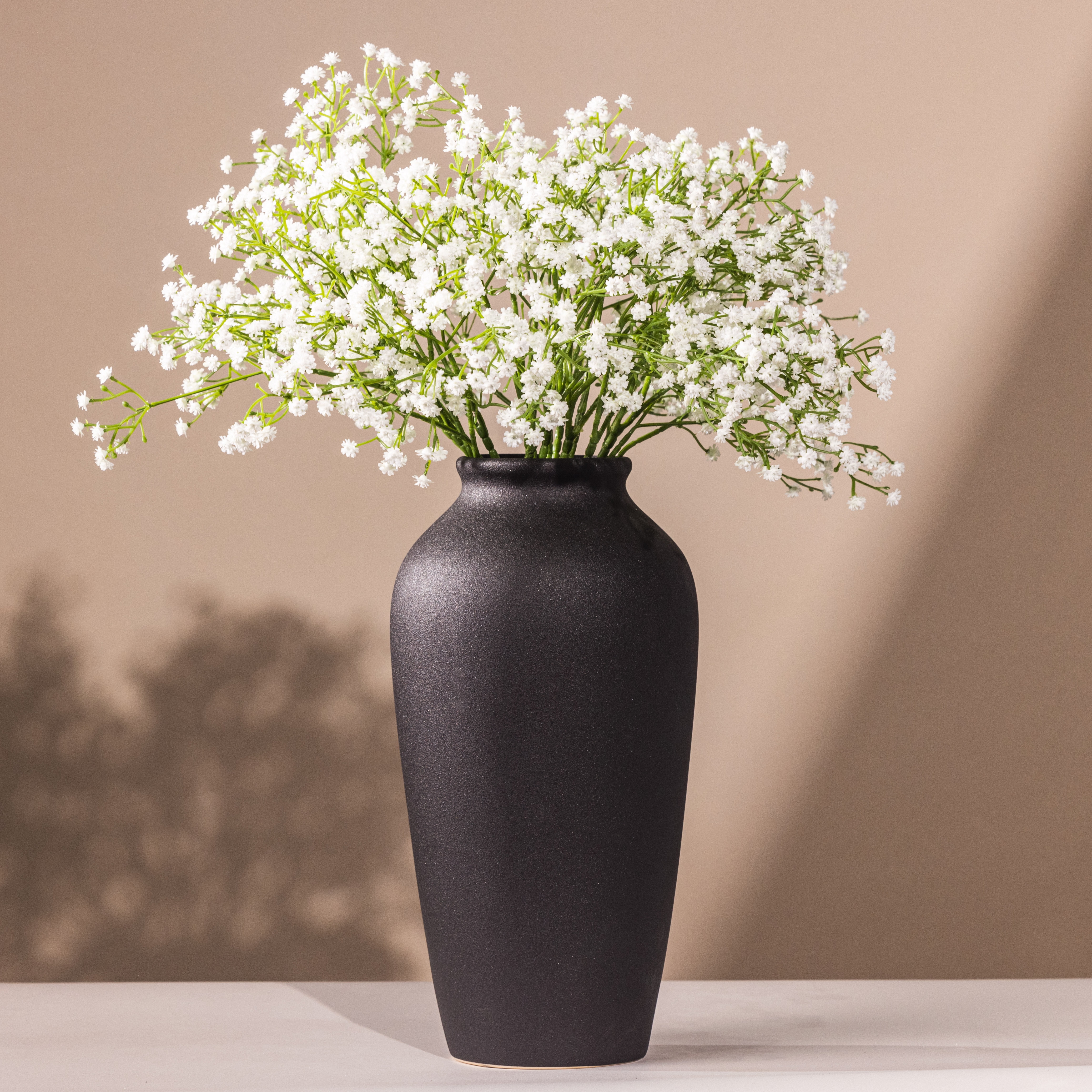 Laurel&Vine 12" Tall Black Ceramic Vase, Speckled Textured Minimalist, with 15 Stems of 22" Faux Artificial White Babys Breath, Farmhouse Console Centerpiece Decor, Real Touch Fake Flowers in Vase