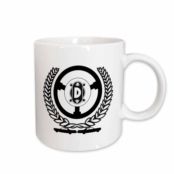 3drose, Laurel Wreath, Steering Wheel, Two Cars. Charming Letter D, 15oz Mug