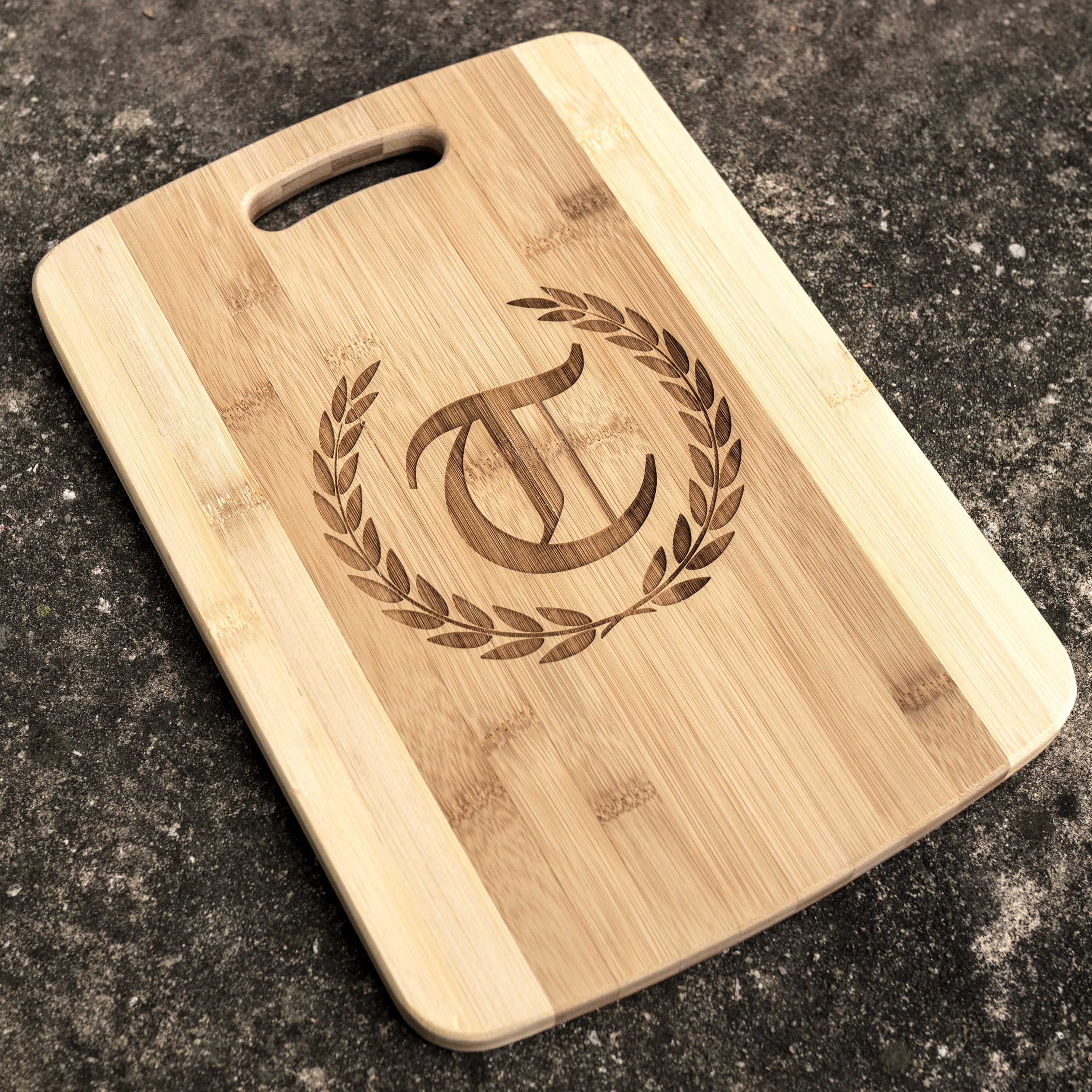 Personalized Laurels with Initial Cutting Board 14''x9.5''x.5'' Bamboo Personalized Laurels with Initial Cutting Board 14''x9.5''x.5'' Bamboo