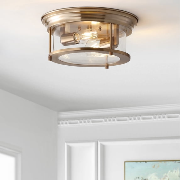 JONATHAN Y Lauren 13.25" 2-Light Metal/Glass LED Flush Mount, Brass Gold, JYL7446A