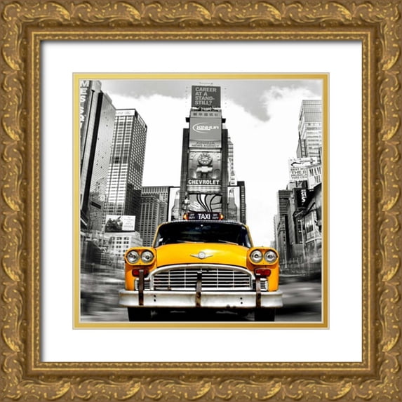 Lauren 15x15 Gold Ornate Wood Framed with Double Matting Museum Art Print Titled - Vintage Taxi in Times Square, NYC (detail)