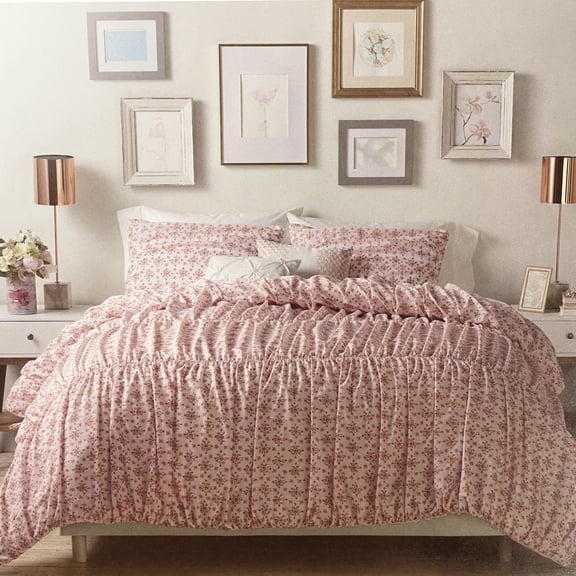 Lauren Conrad Pink Floral Comforter Set - Gathered Texture Twin/Twin XL 4 Pc Bed