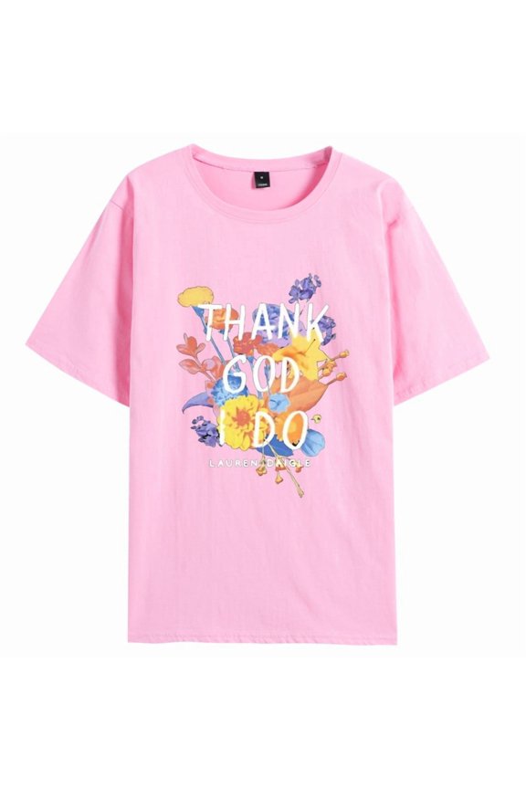 Lauren Daigle Thank God I Do Merch Unisex Oversized Soft Cotton Crewneck T-Shirt - Flower Graphic Print Short Sleeve Summer Casual Streetwear
