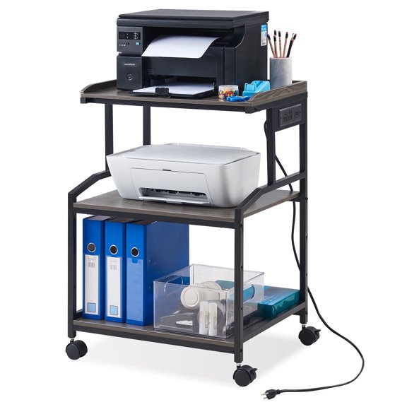 Lauren&Harold 3-Tier Printer Stand with Storage Printer Table with Charging Station and USB Ports, Rolling Printer Cart with Adjustable Shelf, Large Printer Stand with Wheels for Home Office