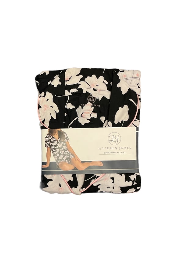 Women's Button Down Notch Collar Top & Shorts 2 Pc. Pajama Set (Black/White, XXL (20-22))