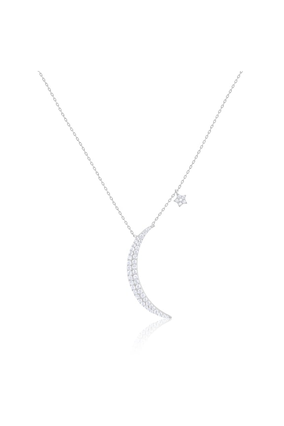 White Gold Tone CZ Moon and Mini Star Necklace