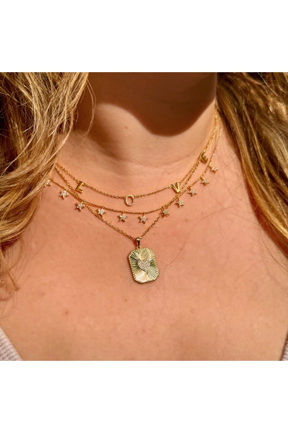 Yellow Gold Tone CZ Love Charm Necklace