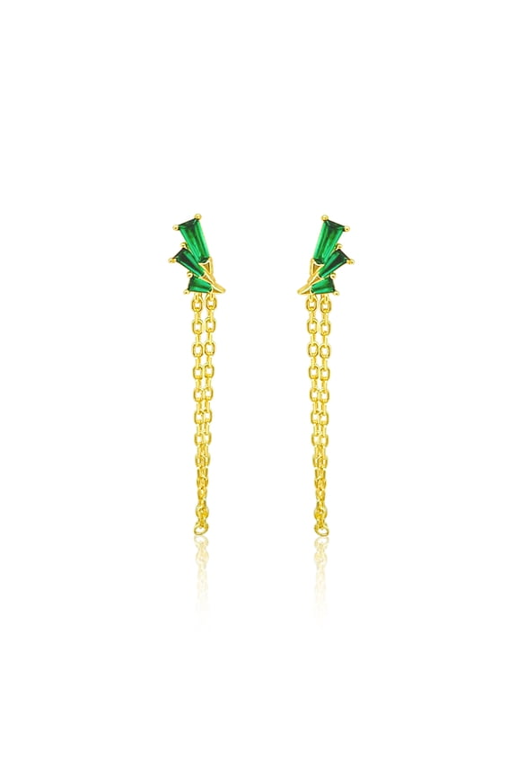 Yellow Gold Tone Created Emerald Emerald Cut and Chain Earrings