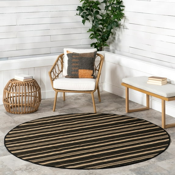Gazania Striped Indoor/Outdoor Area Rug, 6' 7", Round, Gazania Beige