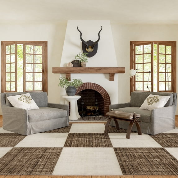 Aspen Checkerboard Fringed Area Rug, 10' x 13', Aspen Brown