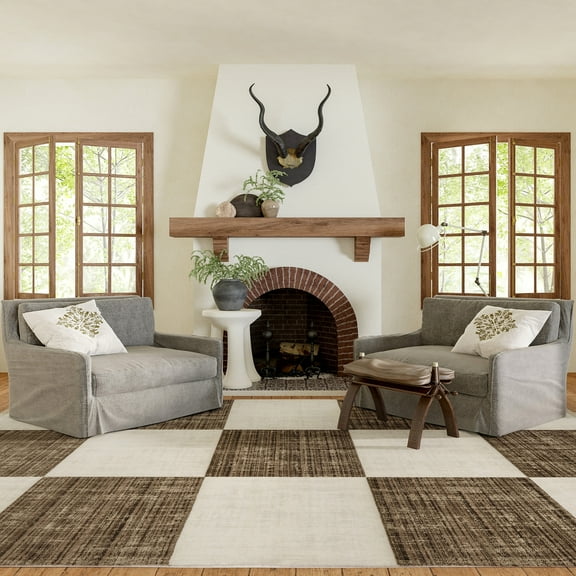Aspen Checkerboard Fringed Area Rug, 2' 8" x 7' 10", Runner, Aspen Brown