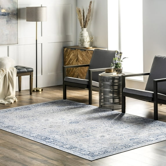 Rugs USA Bayberry Vintage Machine Washable Area Rug, 4' x 6', Ivy Light Blue